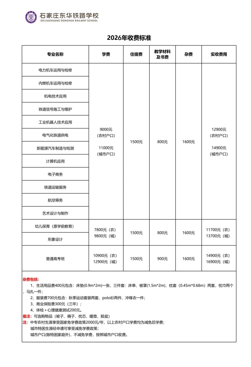 石家庄东华铁路学校有没有学费减免政策？ 招生专业